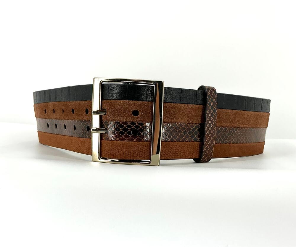 White House Black Market Leather Belt S Brown Black Snakeskin Wide Statement